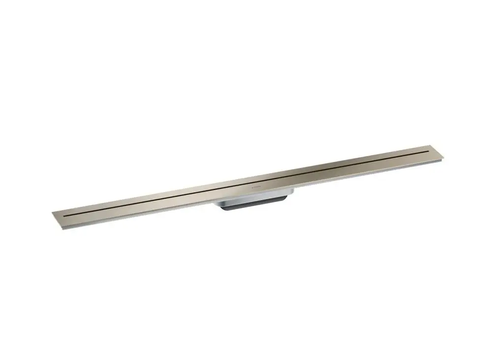 Lange Duschrinne aus Edelstahl, montiert zur Wand, mit gebürsteter Nickel-Oberfläche, Teil des AXOR Sortiments für moderne Badezimmerlösungen.